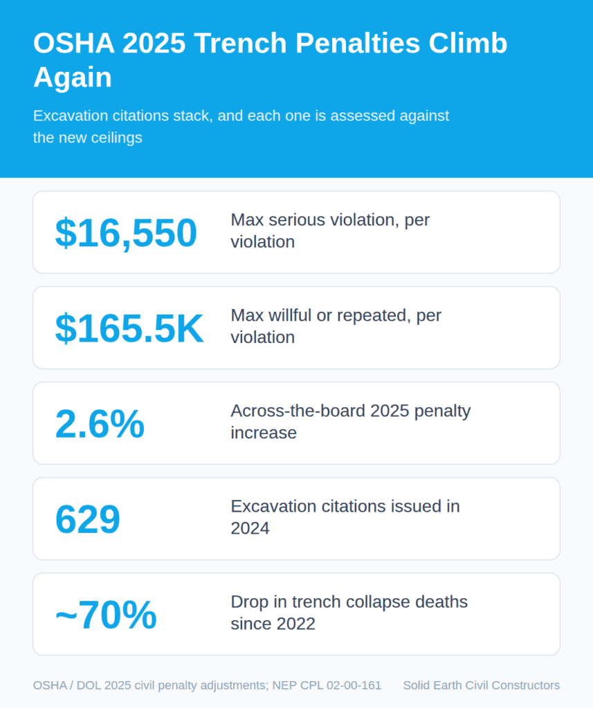 OSHA 2025 trench penalties infographic with violation details and statistics.